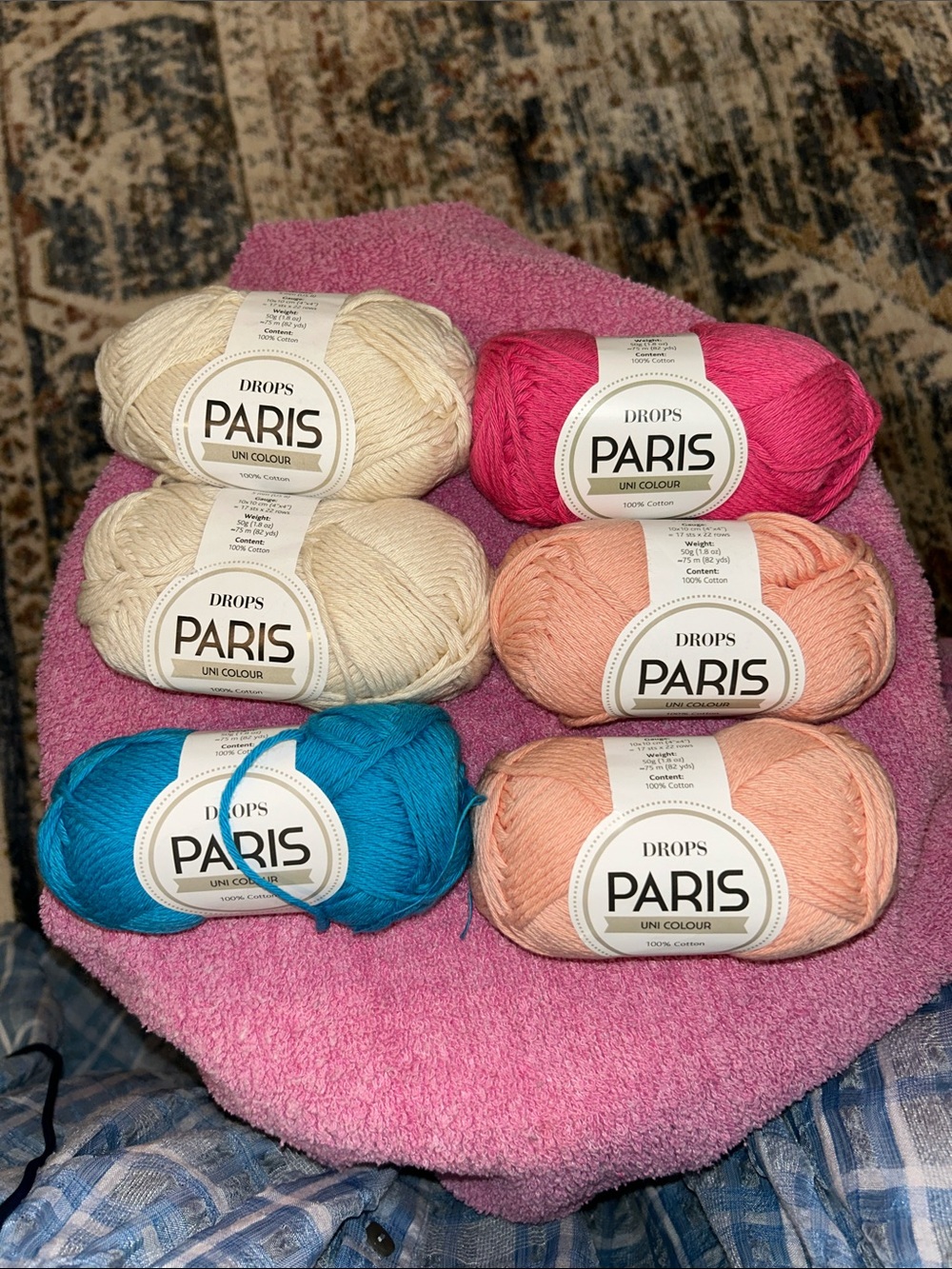 DROPS Paris Cotton Yarn Bundle - Cream, Pink, Peach, Turquoise, 6 Skeins.